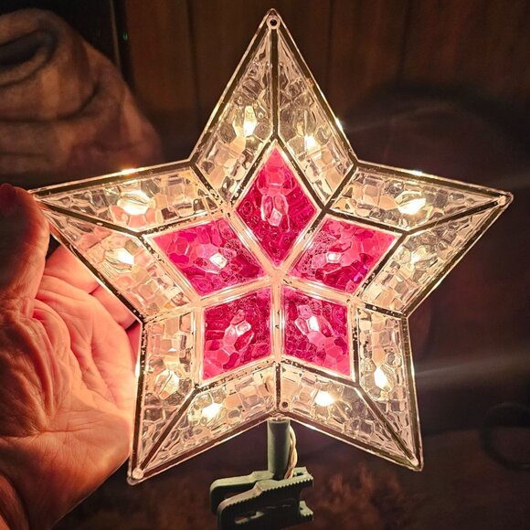 Vintage Lighted Red & Clear Star Tree Topper With Clip-On Base - Picture 1 of 8